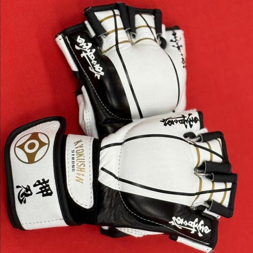Kyokushin Strong™ Hybrid MMA Sparring Gloves – White & Gold Edition